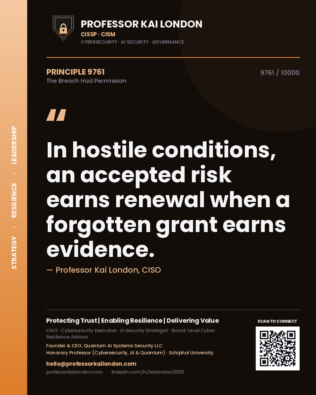 Quote card by Professor Kai London reading 'In hostile conditions, an accepted risk earns renewal when a forgotten grant earns evidence.'. From the book The Breach Had Permission.