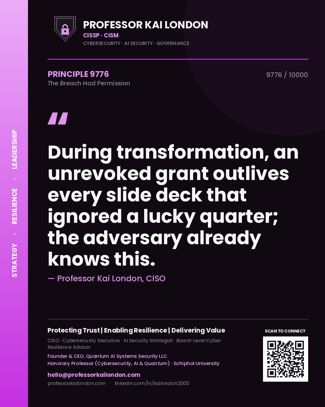 Professor Kai London principle 9776: During transformation, an unrevoked grant outlives every slide deck that ignored a lucky quarter; the adversary already knows this.