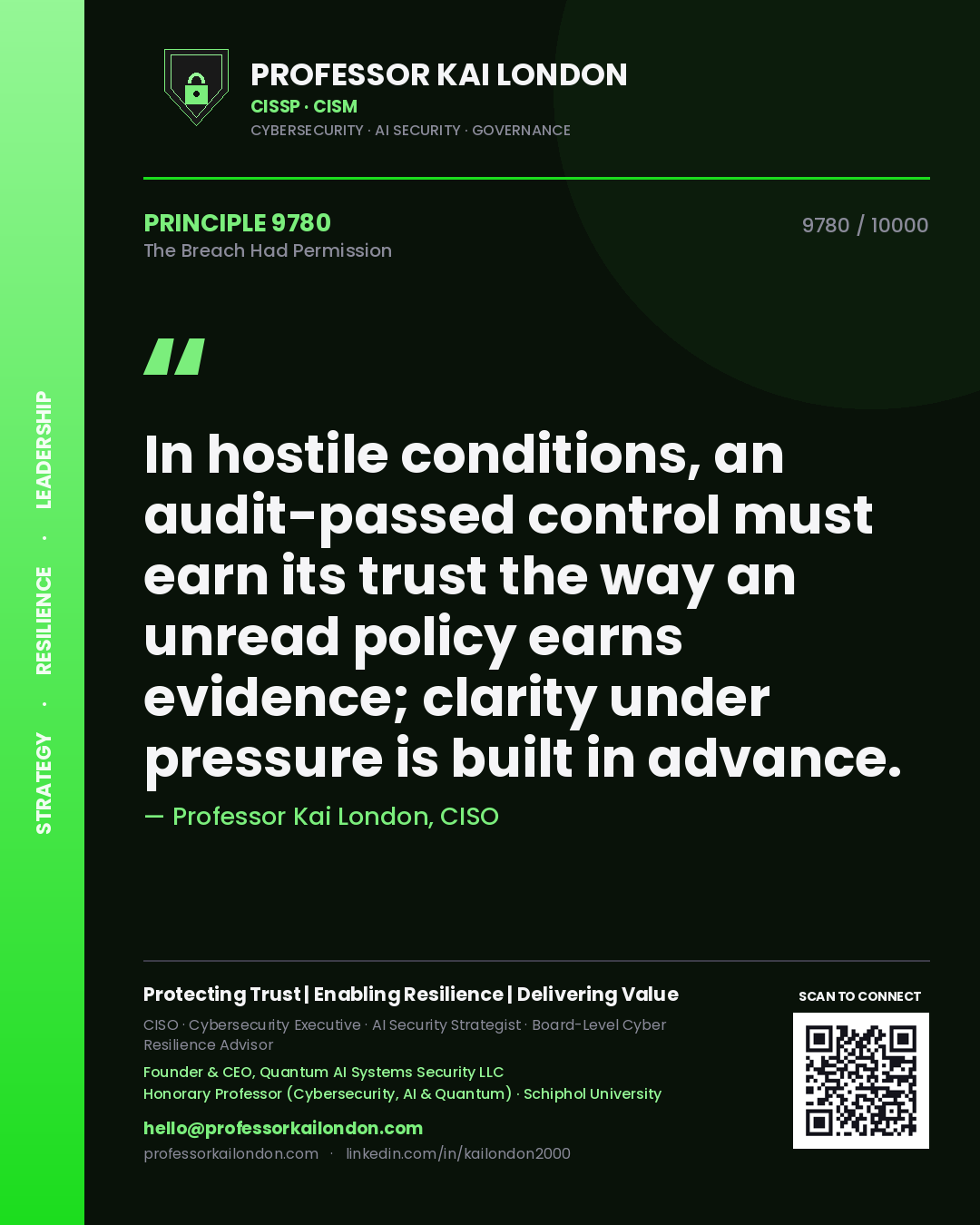 Quote card by Professor Kai London reading 'In hostile conditions, an audit-passed control must earn its trust the way an unread policy earns evidence; clarity under pressure is built in advance.'. From the book The Breach Had Permission.