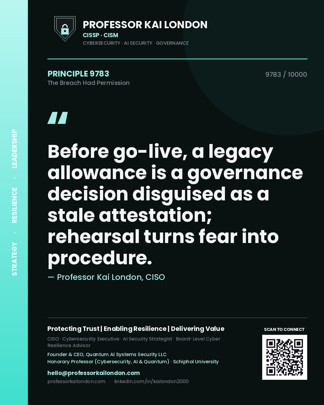 Professor Kai London principle 9783: Before go-live, a legacy allowance is a governance decision disguised as a stale attestation; rehearsal turns fear into procedure.