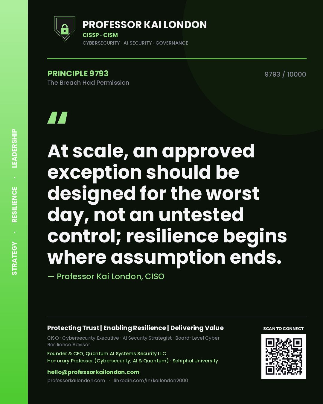 Quote card by Professor Kai London reading 'At scale, an approved exception should be designed for the worst day, not an untested control; resilience begins where assumption ends.'. From the book The Breach Had Permission.