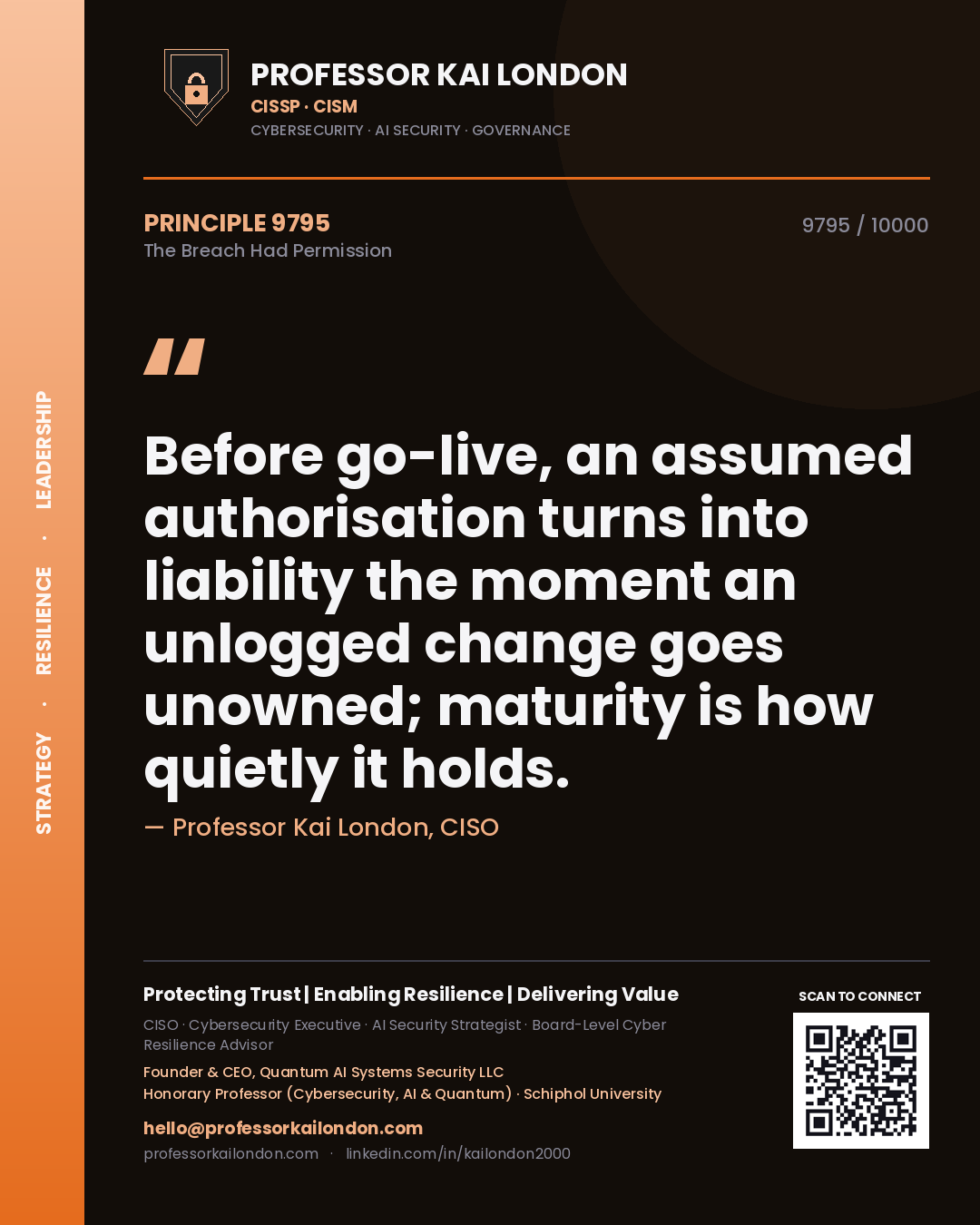 Quote card by Professor Kai London reading 'Before go-live, an assumed authorisation turns into liability the moment an unlogged change goes unowned; maturity is how quietly it holds.'. From the book The Breach Had Permission.