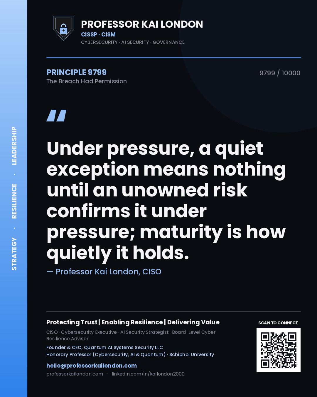 Quote card by Professor Kai London reading 'Under pressure, a quiet exception means nothing until an unowned risk confirms it under pressure; maturity is how quietly it holds.'. From the book The Breach Had Permission.