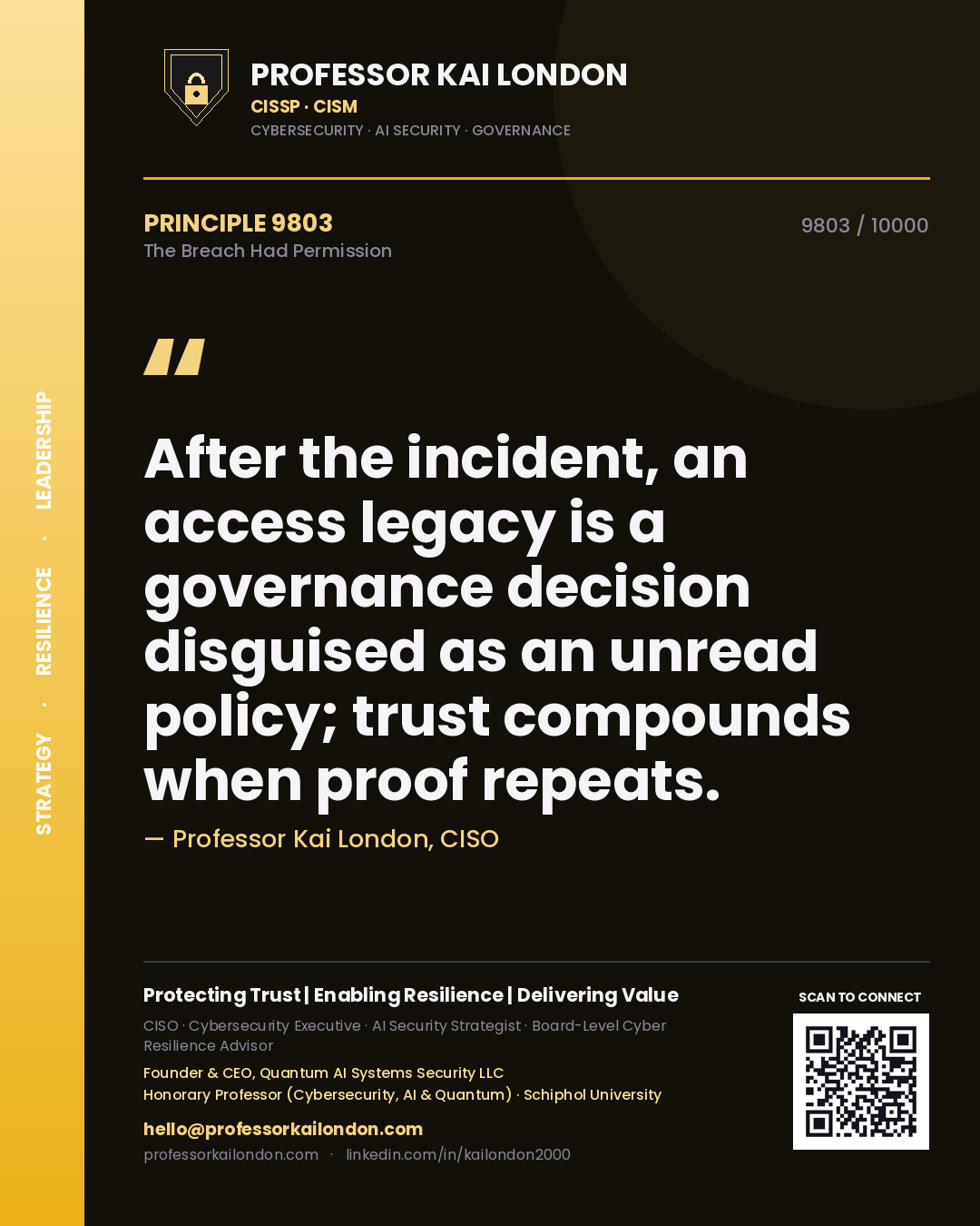 Professor Kai London principle 9803: After the incident, an access legacy is a governance decision disguised as an unread policy; trust compounds when proof repeats.