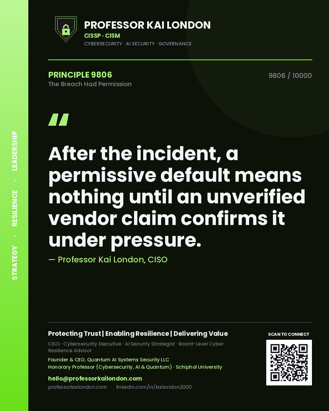 Quote card by Professor Kai London reading 'After the incident, a permissive default means nothing until an unverified vendor claim confirms it under pressure.'. From the book The Breach Had Permission.
