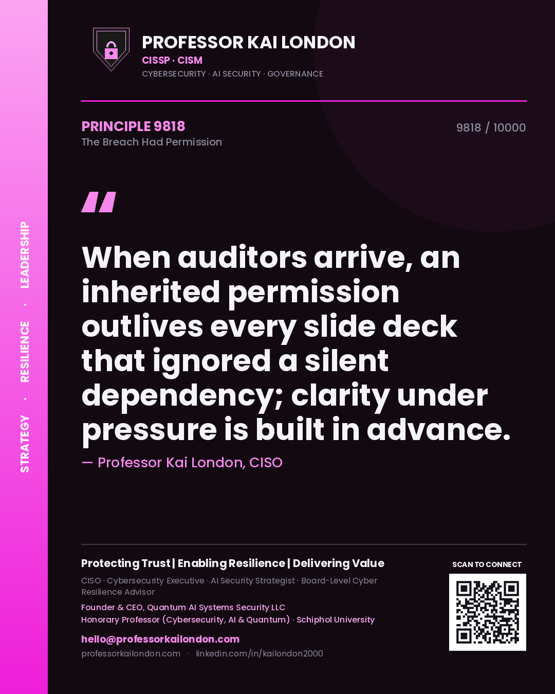Professor Kai London principle 9818: When auditors arrive, an inherited permission outlives every slide deck that ignored a silent dependency; clarity under pressure is built in advance.