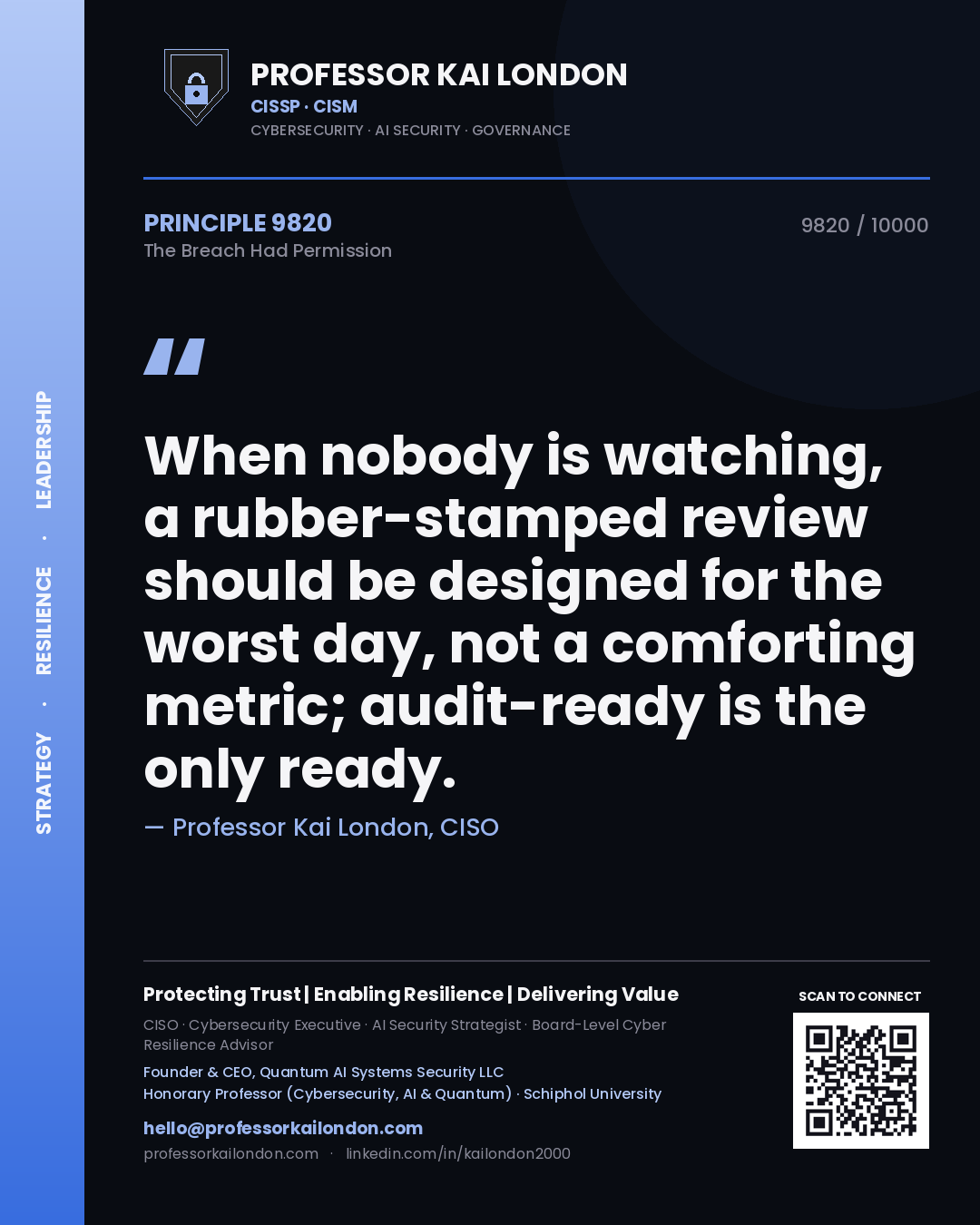 Quote card by Professor Kai London reading 'When nobody is watching, a rubber-stamped review should be designed for the worst day, not a comforting metric; audit-ready is the only ready.'. From the book The Breach Had Permission.