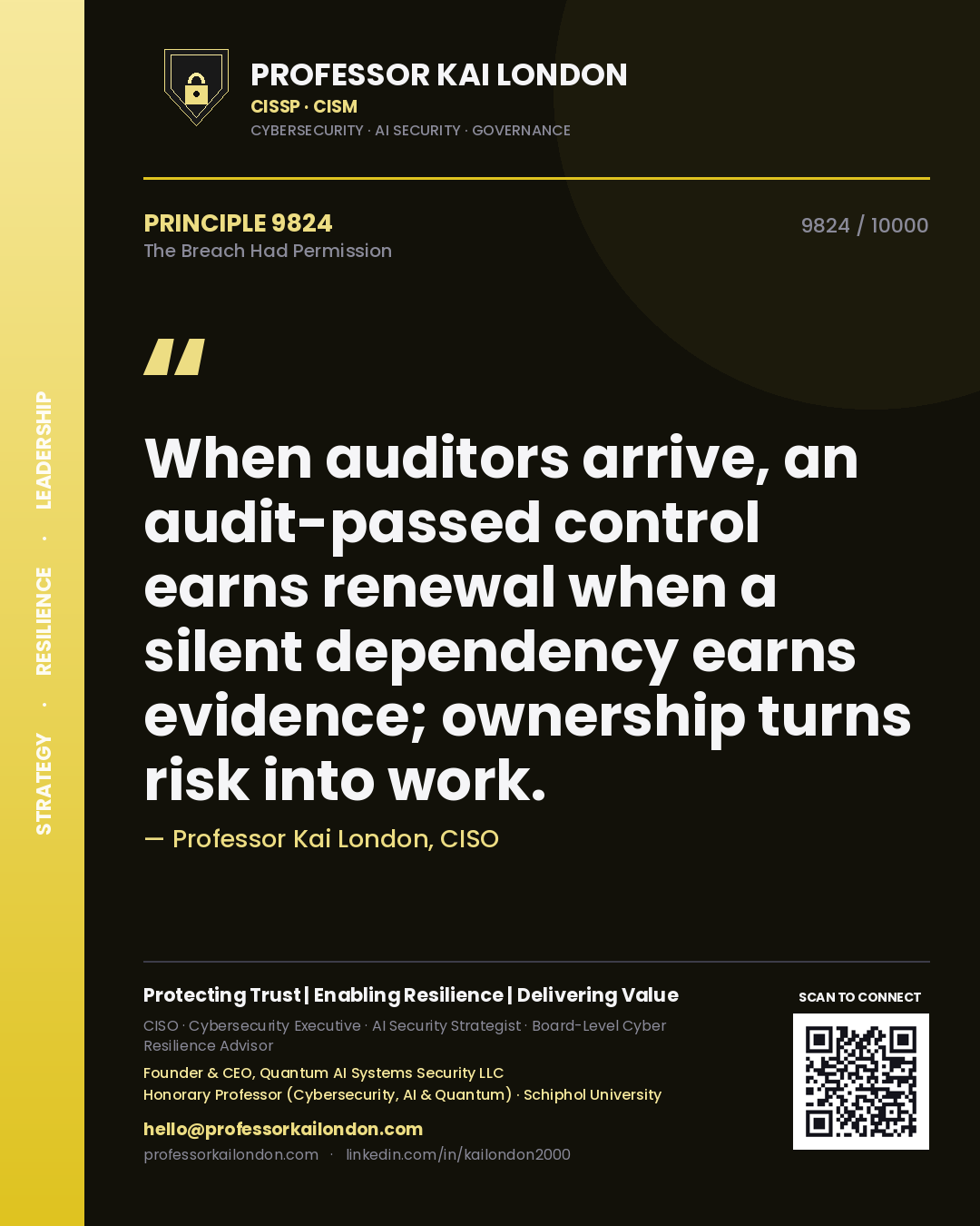 Quote card by Professor Kai London reading 'When auditors arrive, an audit-passed control earns renewal when a silent dependency earns evidence; ownership turns risk into work.'. From the book The Breach Had Permission.