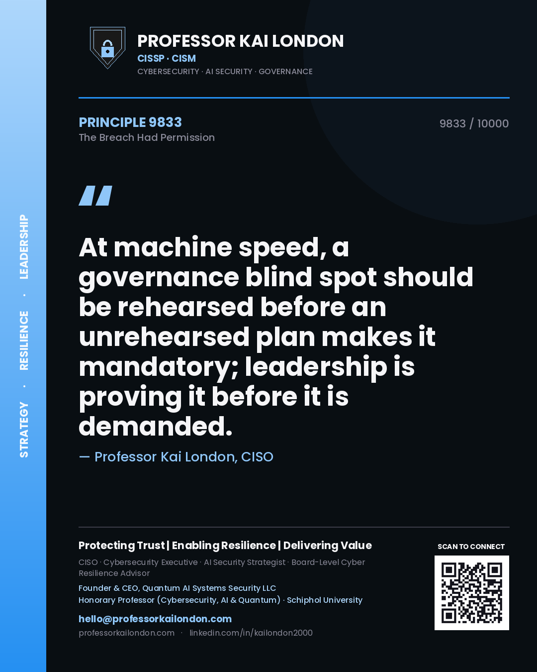 Quote card by Professor Kai London reading 'At machine speed, a governance blind spot should be rehearsed before an unrehearsed plan makes it mandatory; leadership is proving it before it is demanded.'. From the book The Breach Had Permission.