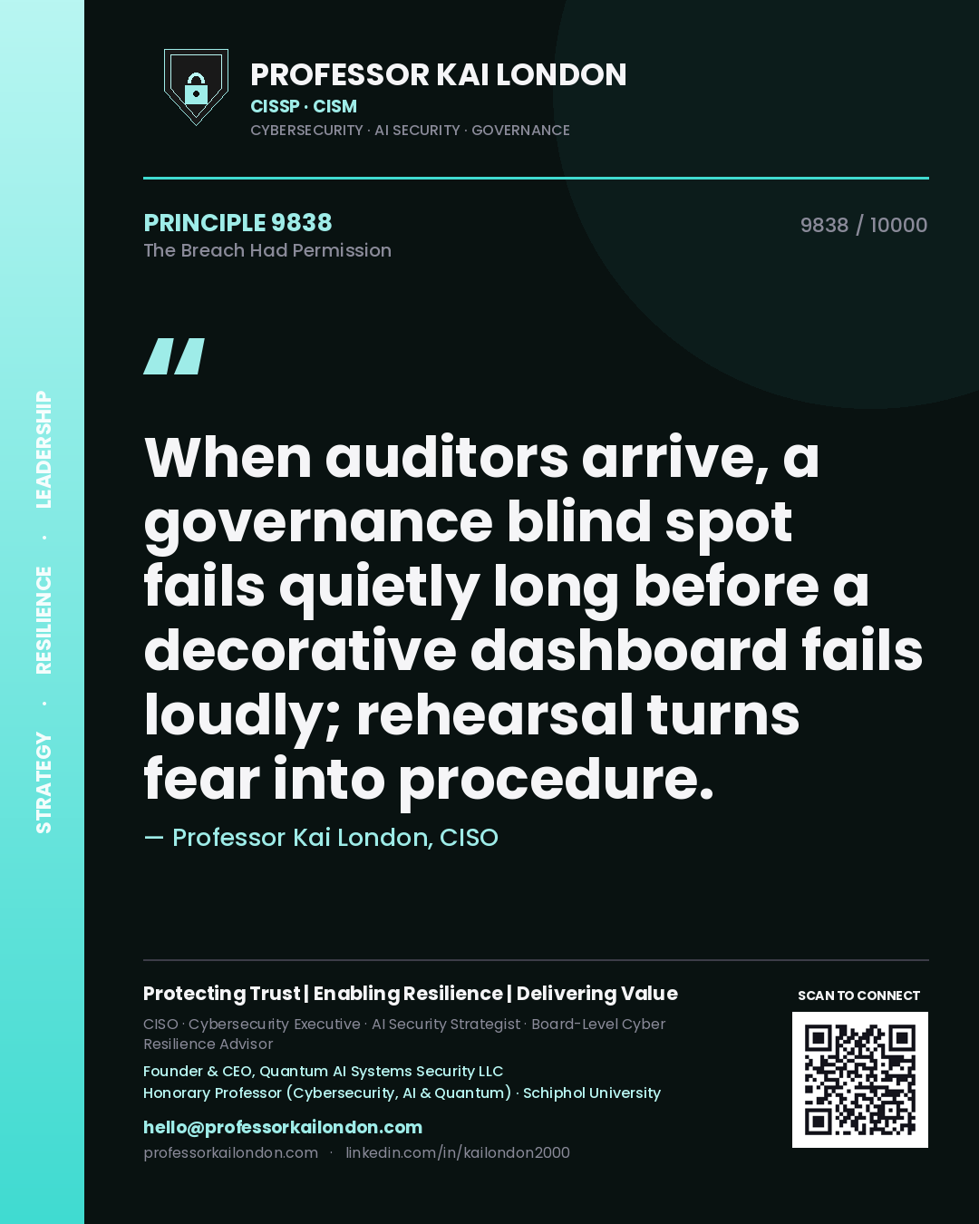 Professor Kai London principle 9838: When auditors arrive, a governance blind spot fails quietly long before a decorative dashboard fails loudly; rehearsal turns fear into procedure.
