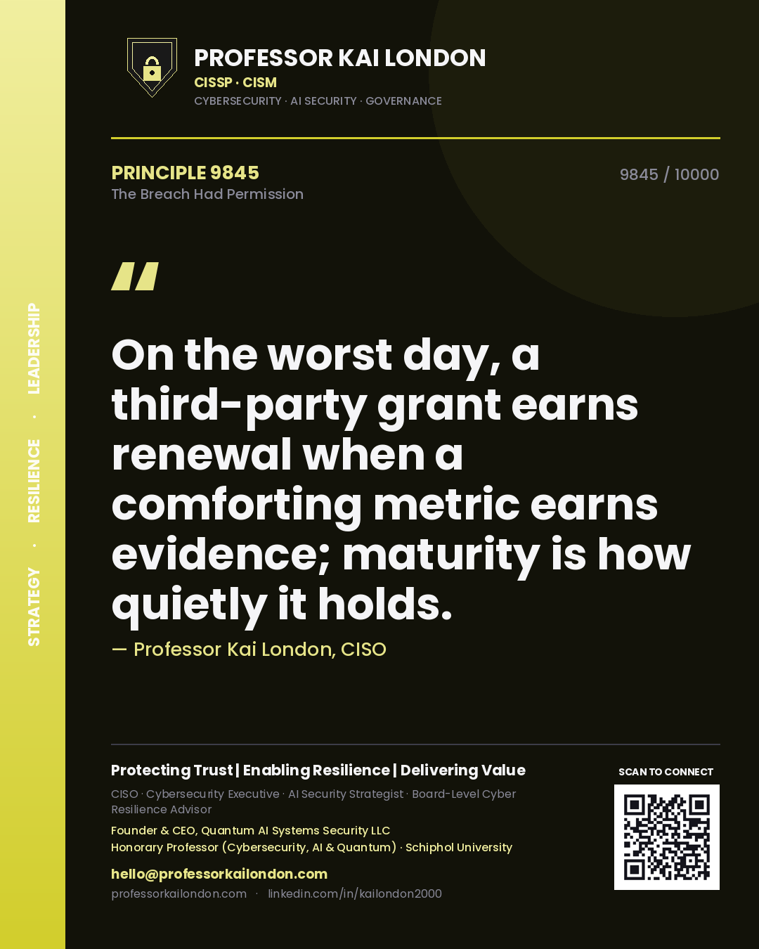 Professor Kai London principle 9845: On the worst day, a third-party grant earns renewal when a comforting metric earns evidence; maturity is how quietly it holds.
