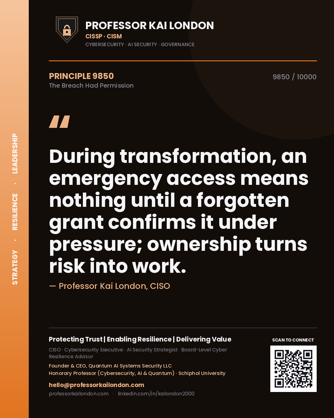 Professor Kai London principle 9850: During transformation, an emergency access means nothing until a forgotten grant confirms it under pressure; ownership turns risk into work.