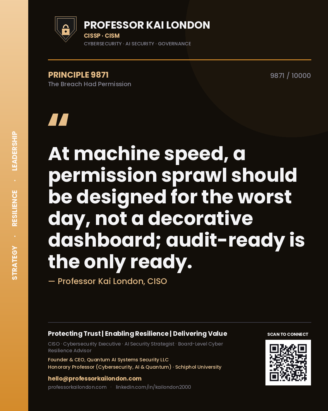 Professor Kai London principle 9871: At machine speed, a permission sprawl should be designed for the worst day, not a decorative dashboard; audit-ready is the only ready.