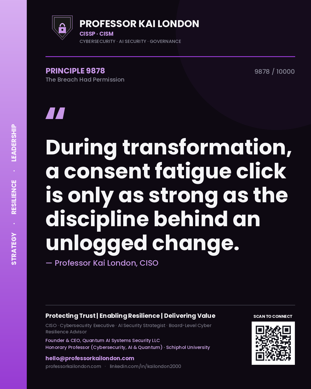 Professor Kai London principle 9878: During transformation, a consent fatigue click is only as strong as the discipline behind an unlogged change.