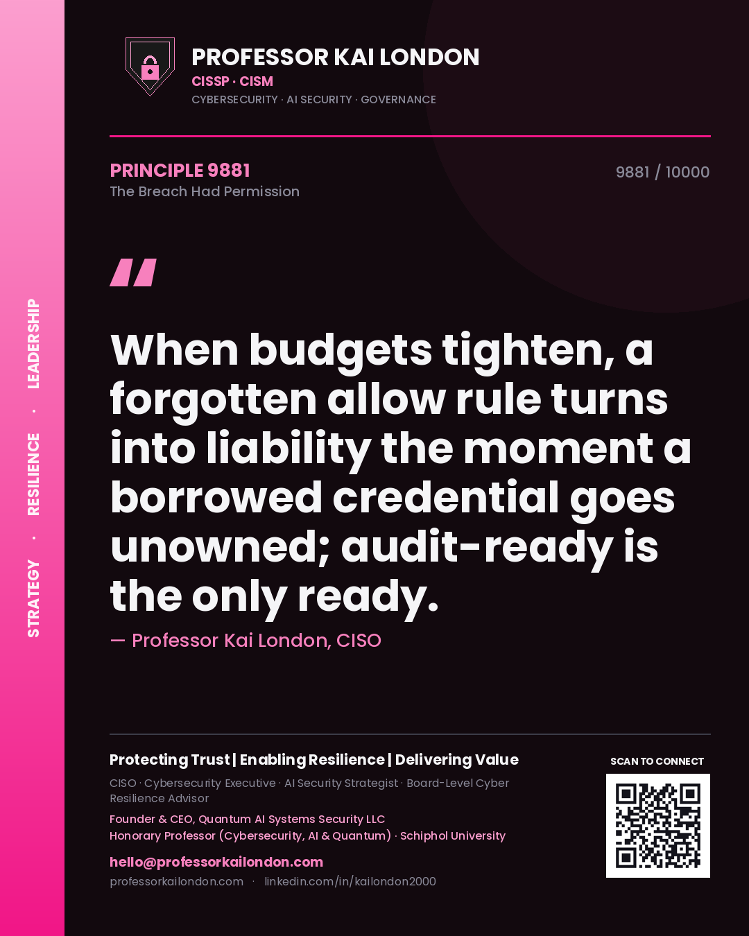 Professor Kai London principle 9881: When budgets tighten, a forgotten allow rule turns into liability the moment a borrowed credential goes unowned; audit-ready is the only ready.