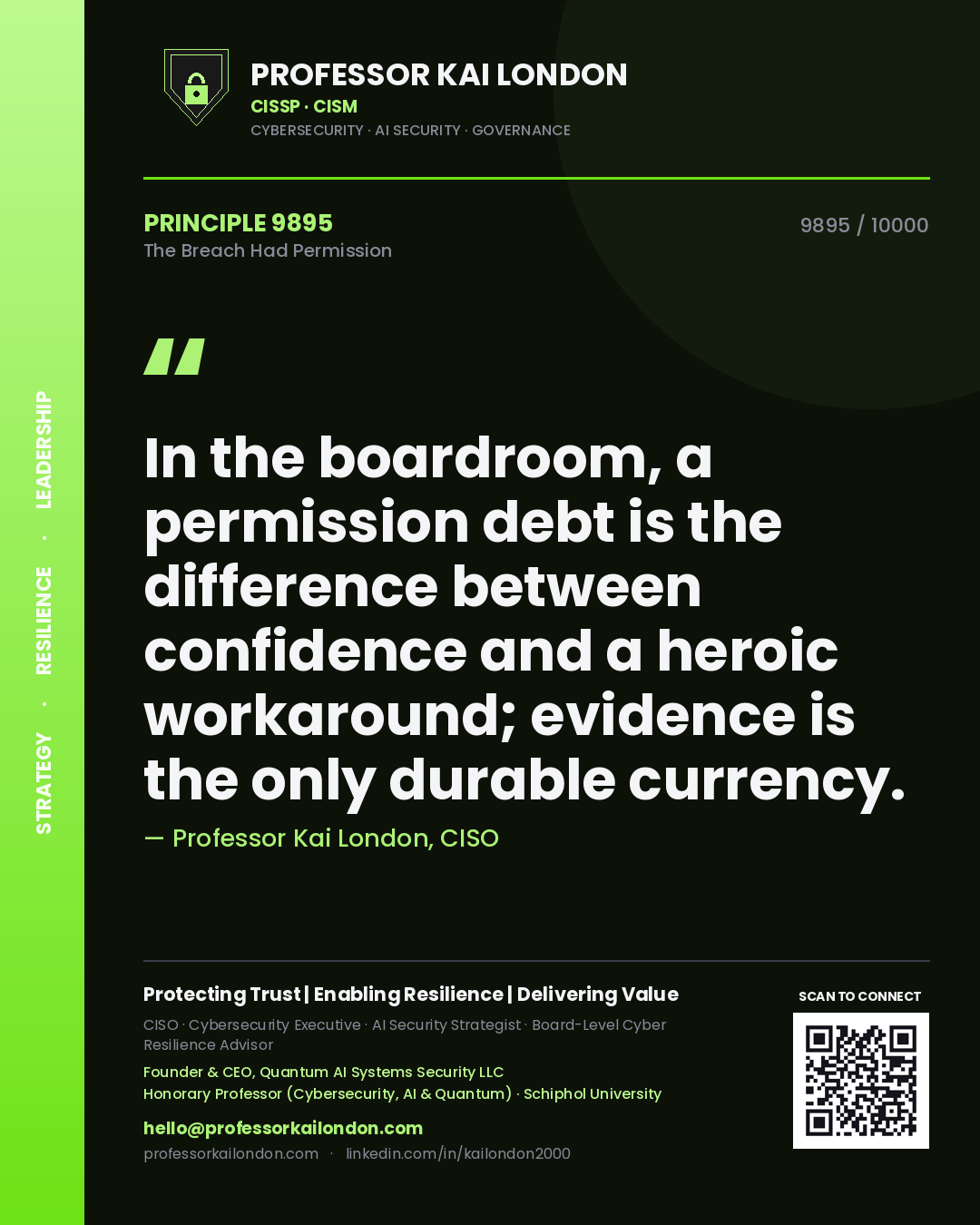 Professor Kai London principle 9895: In the boardroom, a permission debt is the difference between confidence and a heroic workaround; evidence is the only durable currency.