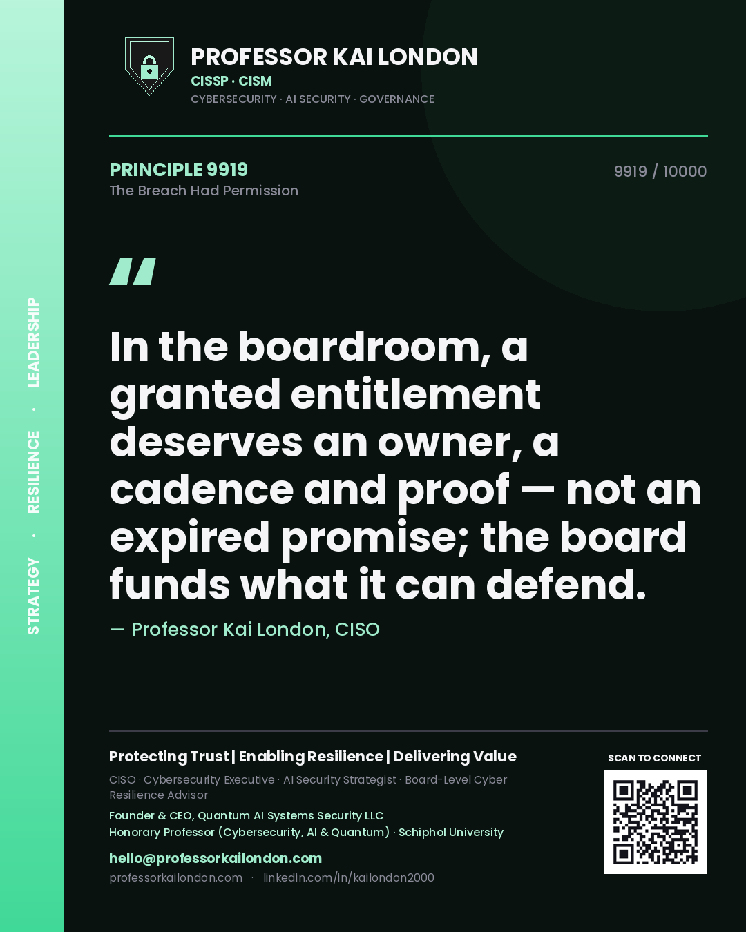 Quote card by Professor Kai London reading 'In the boardroom, a granted entitlement deserves an owner, a cadence and proof — not an expired promise; the board funds what it can defend.'. From the book The Breach Had Permission.