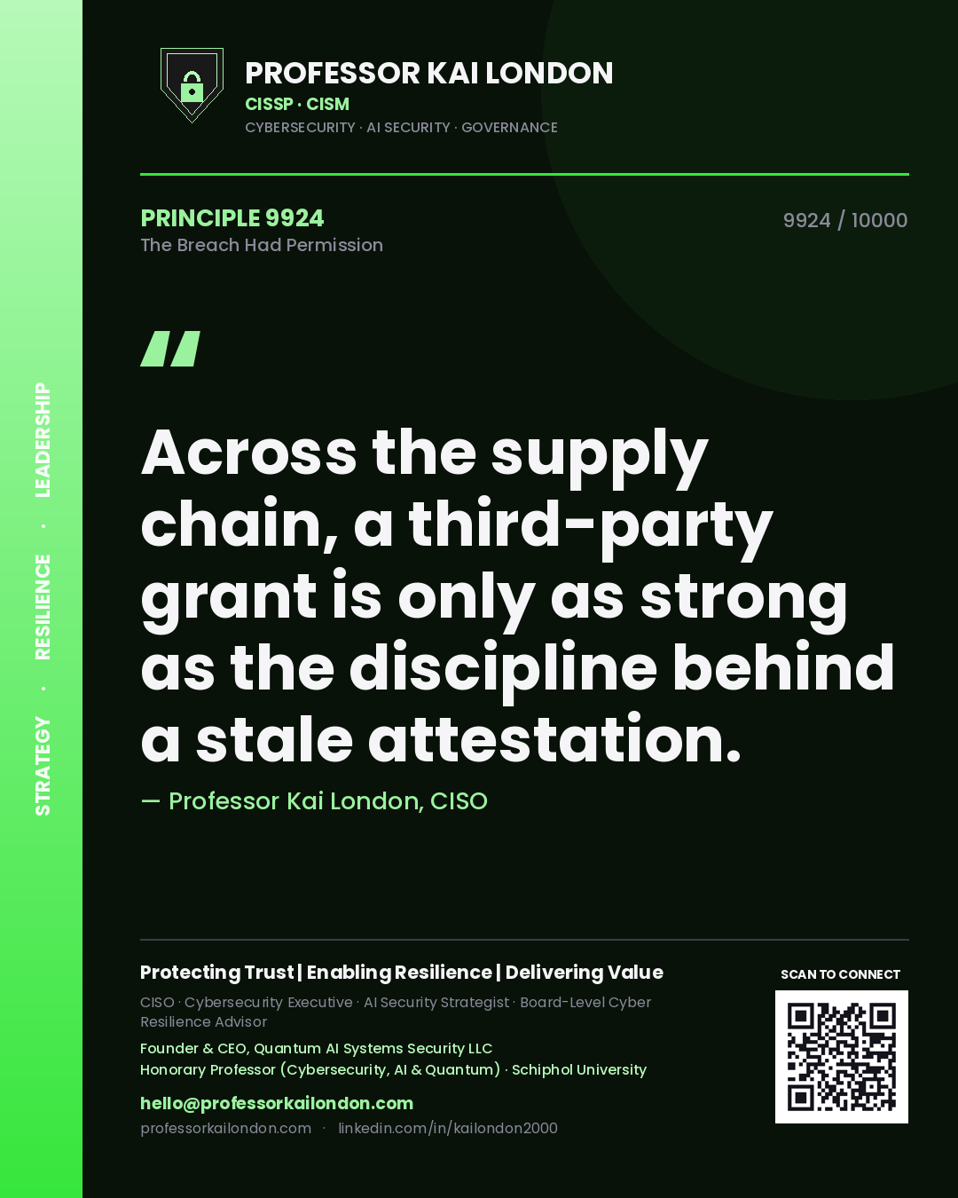 Quote card by Professor Kai London reading 'Across the supply chain, a third-party grant is only as strong as the discipline behind a stale attestation.'. From the book The Breach Had Permission.