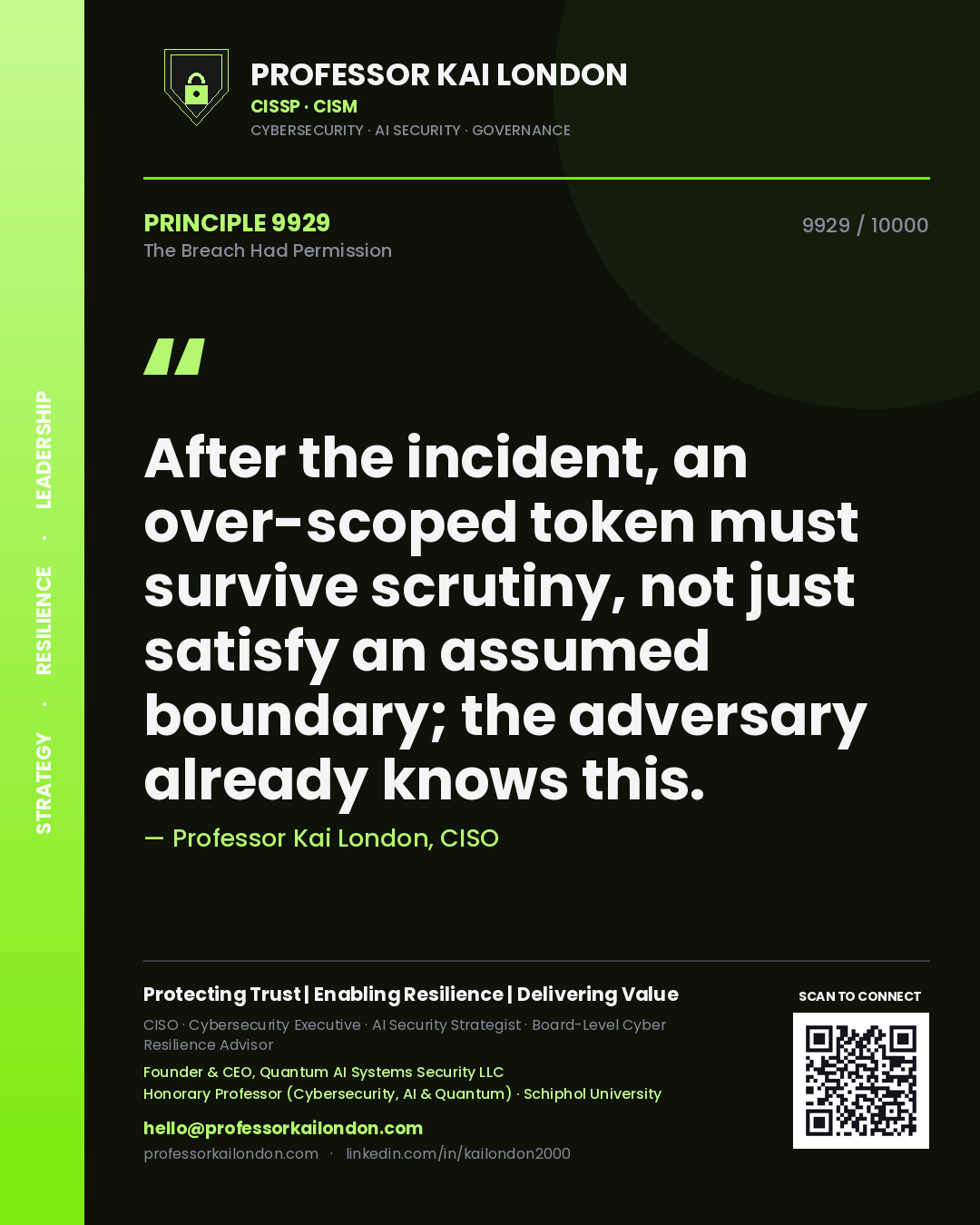 Quote card by Professor Kai London reading 'After the incident, an over-scoped token must survive scrutiny, not just satisfy an assumed boundary; the adversary already knows this.'. From the book The Breach Had Permission.
