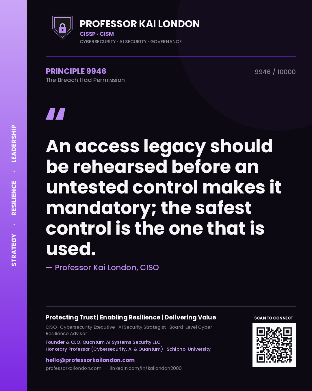 Quote card by Professor Kai London reading 'An access legacy should be rehearsed before an untested control makes it mandatory; the safest control is the one that is used.'. From the book The Breach Had Permission.