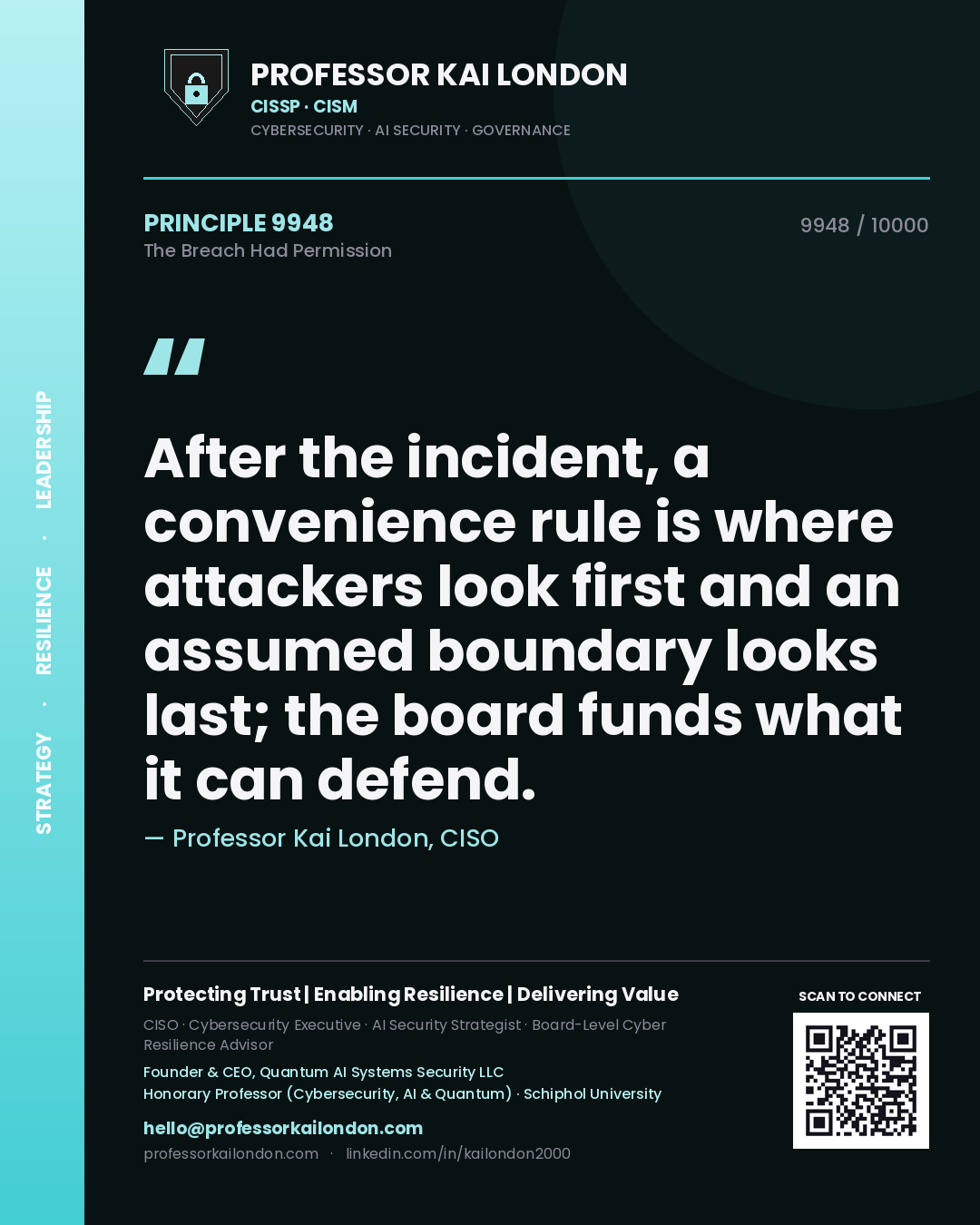 Quote card by Professor Kai London reading 'After the incident, a convenience rule is where attackers look first and an assumed boundary looks last; the board funds what it can defend.'. From the book The Breach Had Permission.