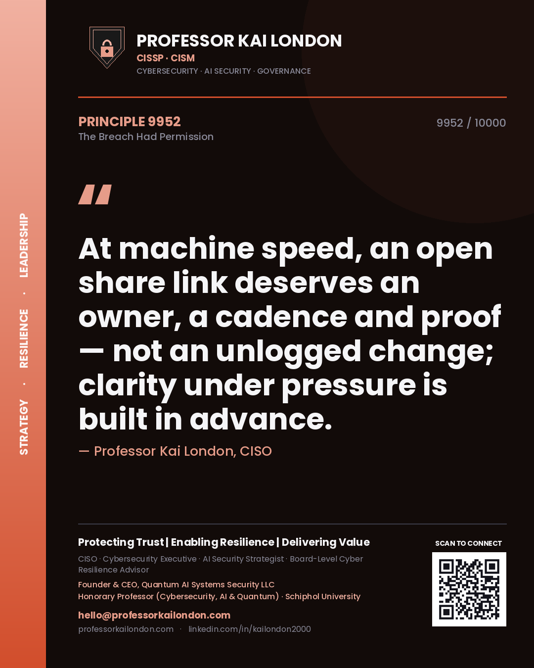 Quote card by Professor Kai London reading 'At machine speed, an open share link deserves an owner, a cadence and proof — not an unlogged change; clarity under pressure is built in advance.'. From the book The Breach Had Permission.