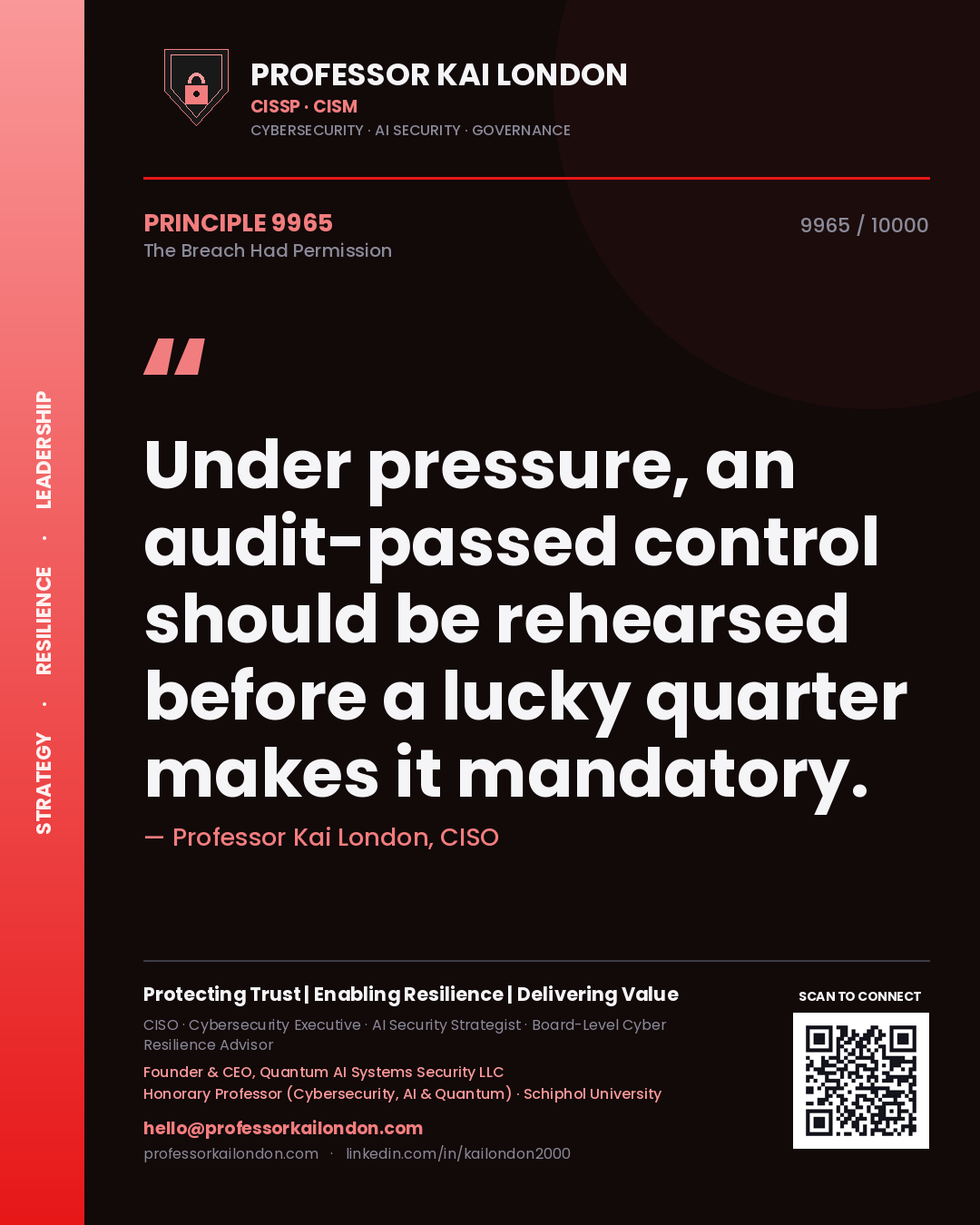 Professor Kai London principle 9965: Under pressure, an audit-passed control should be rehearsed before a lucky quarter makes it mandatory.