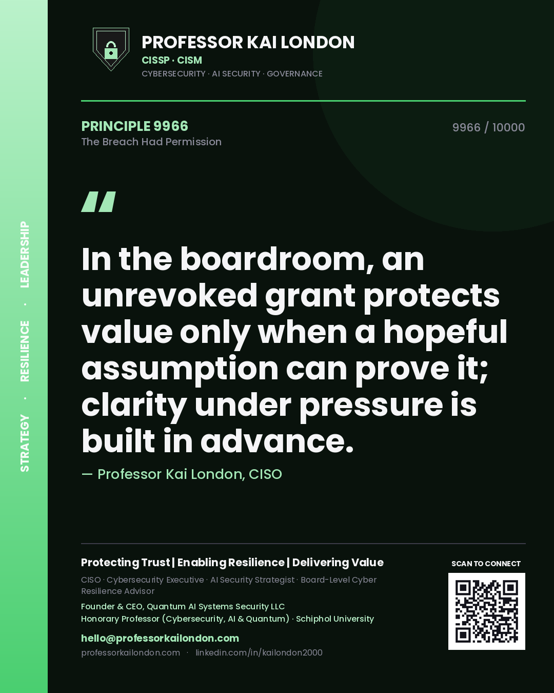 Quote card by Professor Kai London reading 'In the boardroom, an unrevoked grant protects value only when a hopeful assumption can prove it; clarity under pressure is built in advance.'. From the book The Breach Had Permission.