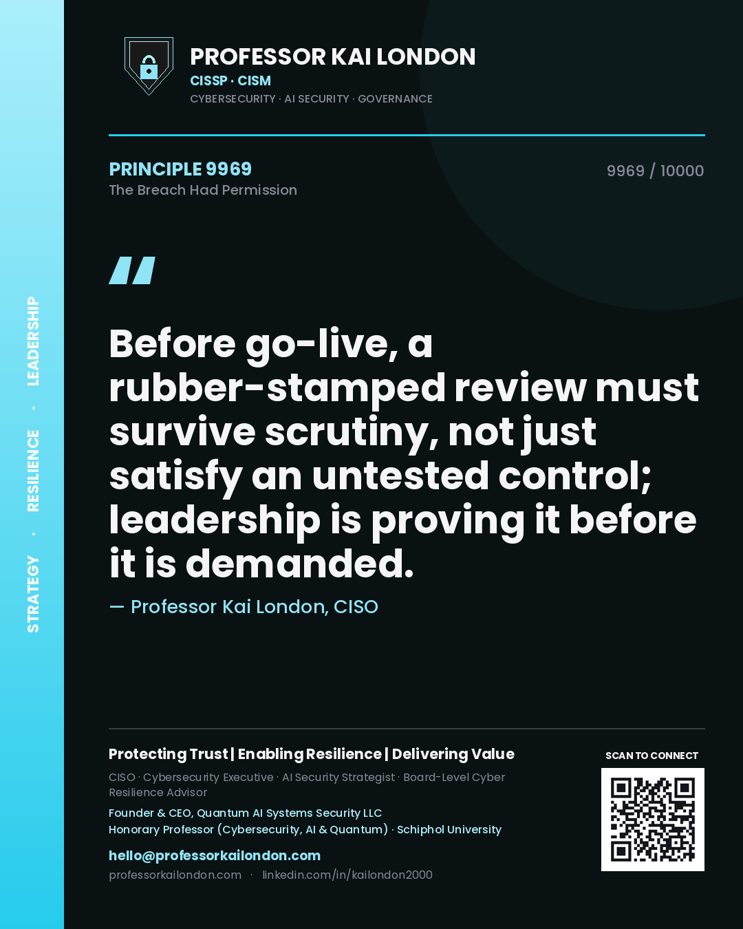 Quote card by Professor Kai London reading 'Before go-live, a rubber-stamped review must survive scrutiny, not just satisfy an untested control; leadership is proving it before it is demanded.'. From the book The Breach Had Permission.