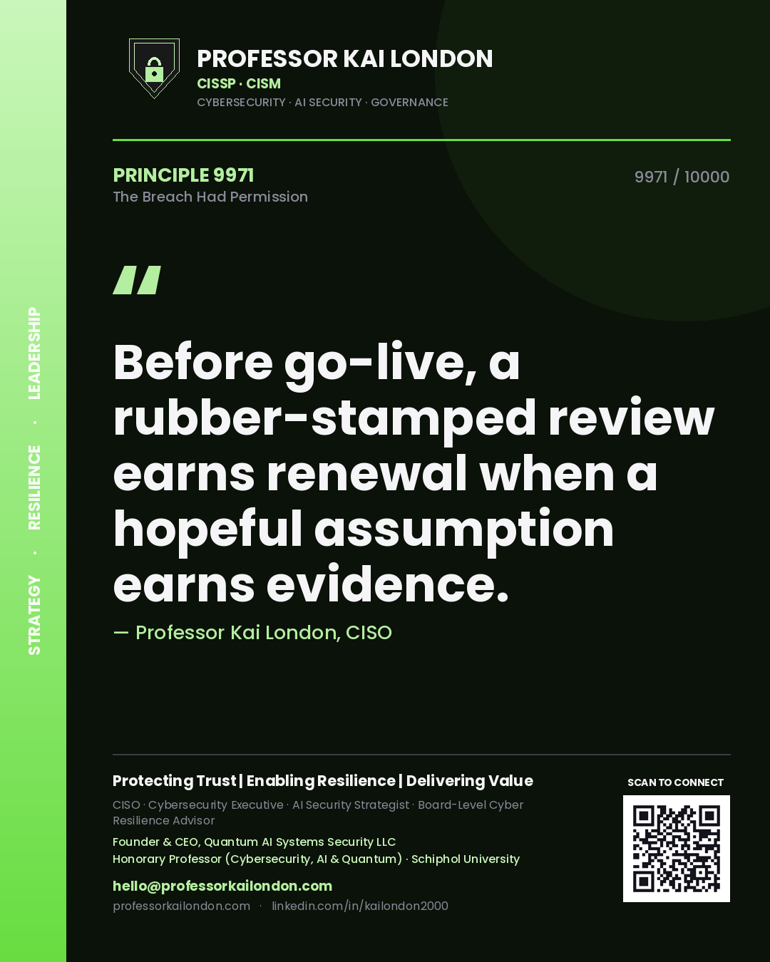 Quote card by Professor Kai London reading 'Before go-live, a rubber-stamped review earns renewal when a hopeful assumption earns evidence.'. From the book The Breach Had Permission.