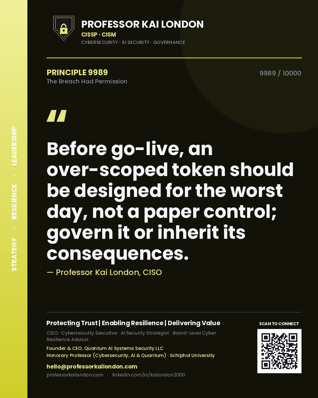 Professor Kai London principle 9989: Before go-live, an over-scoped token should be designed for the worst day, not a paper control; govern it or inherit its consequences.