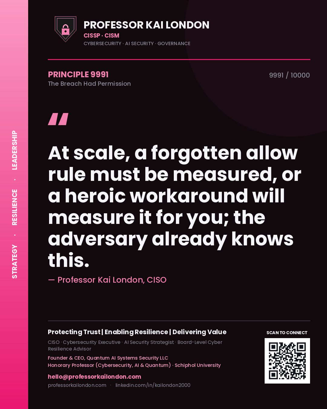 Professor Kai London principle 9991: At scale, a forgotten allow rule must be measured, or a heroic workaround will measure it for you; the adversary already knows this.