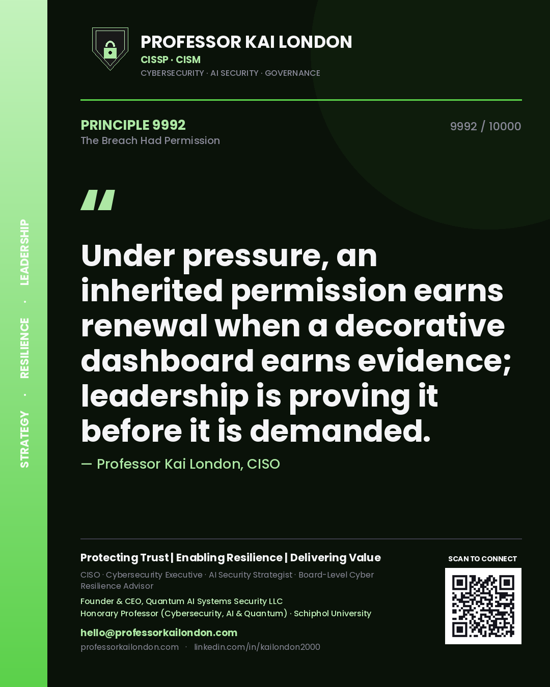 Quote card by Professor Kai London reading 'Under pressure, an inherited permission earns renewal when a decorative dashboard earns evidence; leadership is proving it before it is demanded.'. From the book The Breach Had Permission.