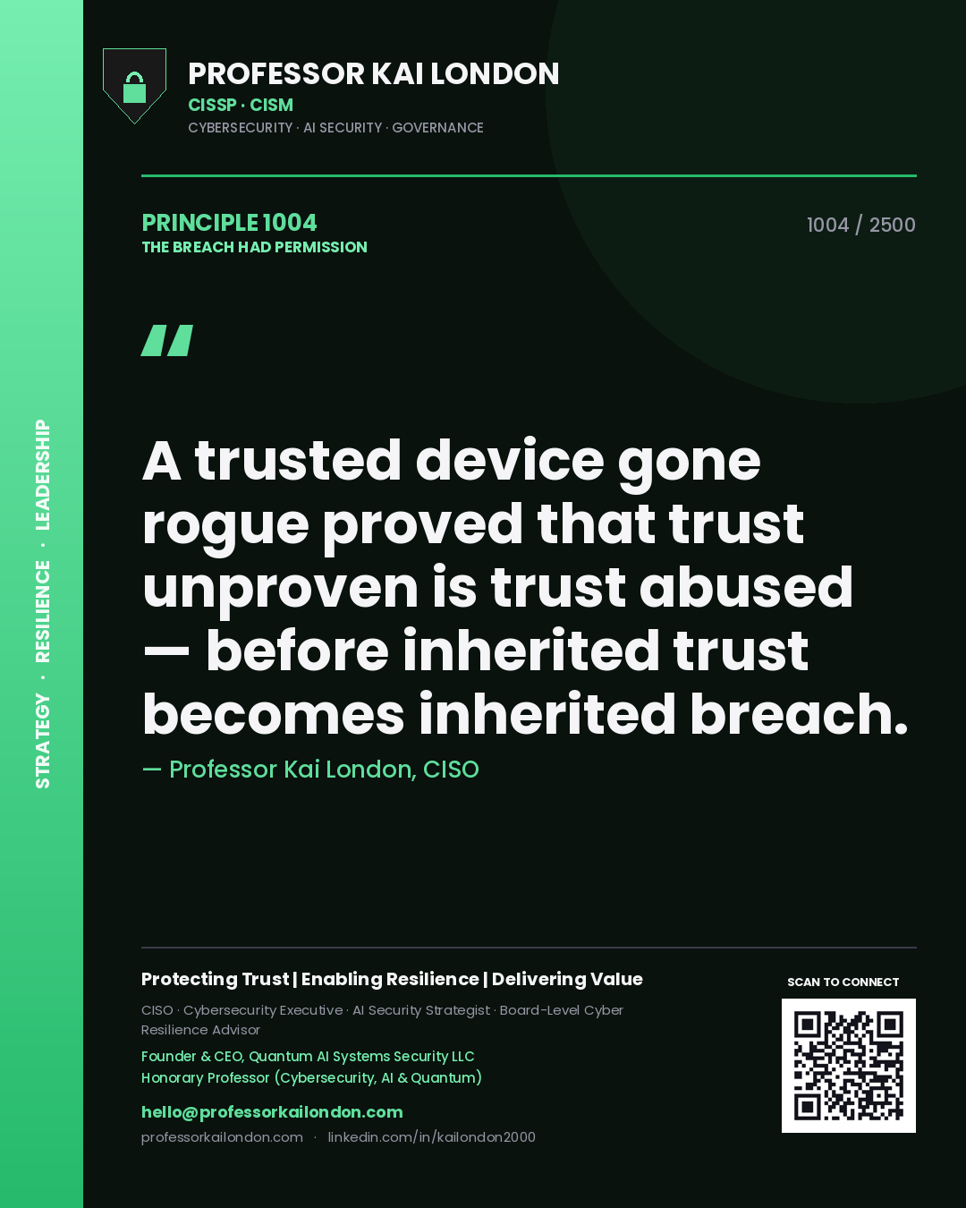 Professor Kai London principle 1004: A trusted device gone rogue proved that trust unproven is trust abused — before inherited trust becomes inherited breach.