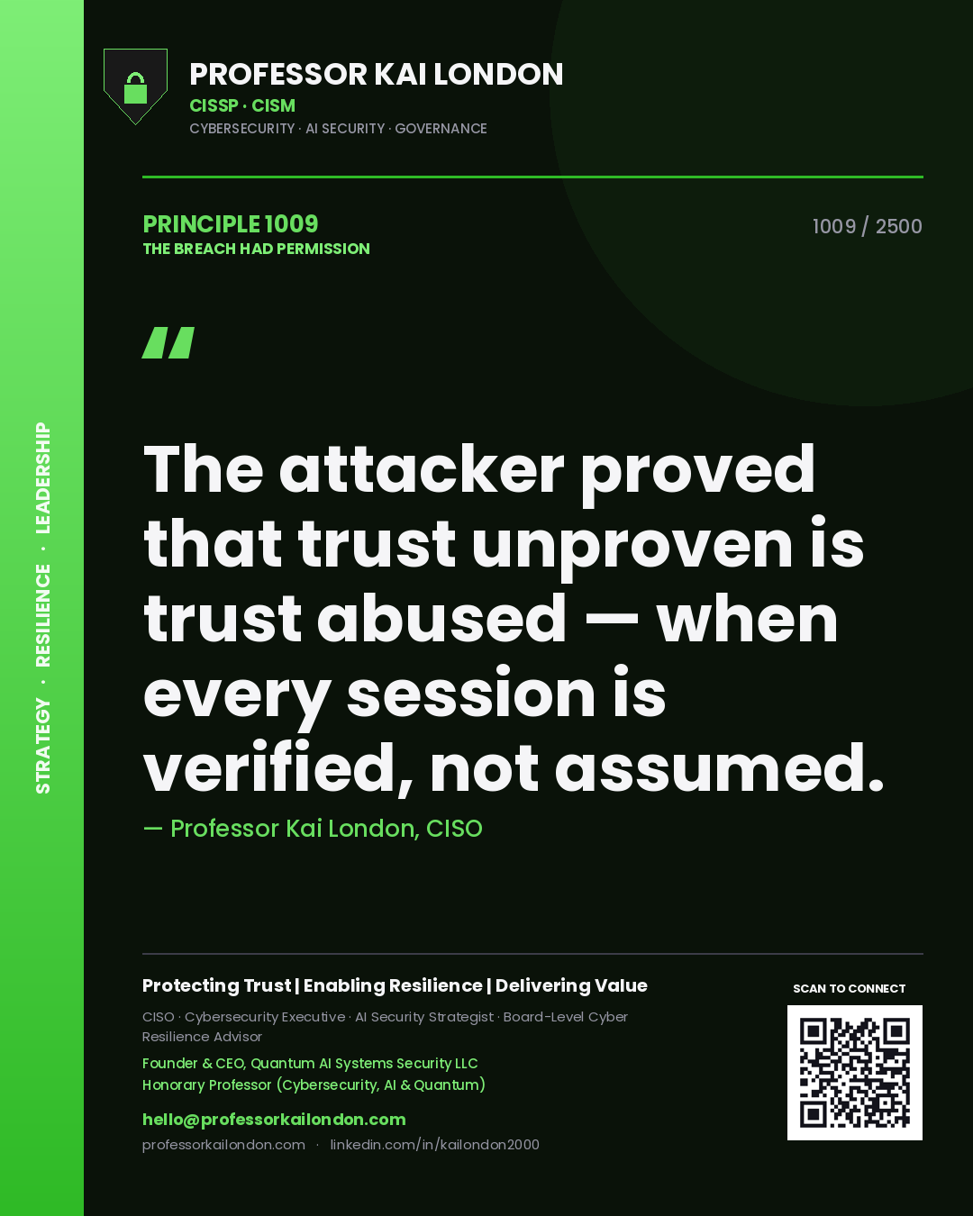 Quote card by Professor Kai London reading 'The attacker proved that trust unproven is trust abused — when every session is verified, not assumed.'. From the book The Breach Had Permission.