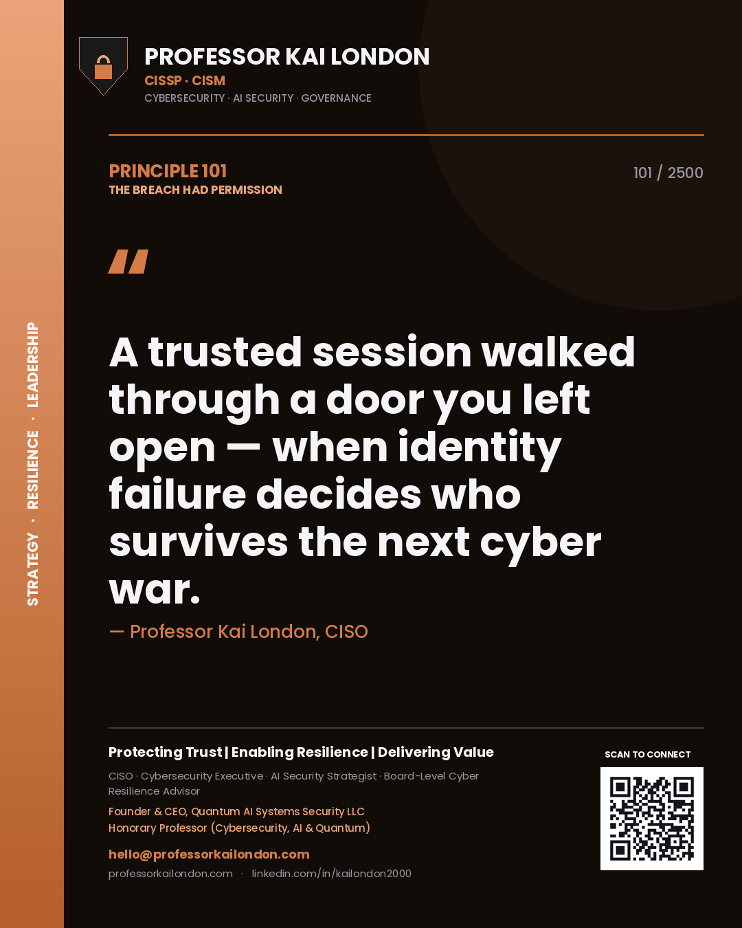 Quote card by Professor Kai London reading 'A trusted session walked through a door you left open — when identity failure decides who survives the next cyber war.'. From the book The Breach Had Permission.