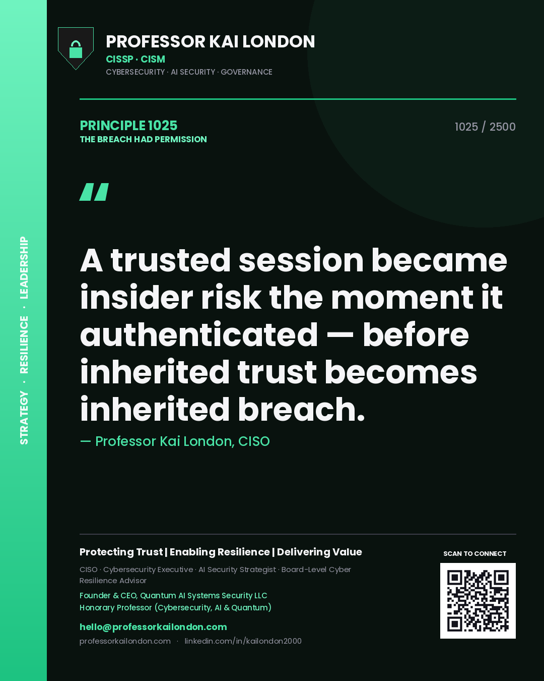 Quote card by Professor Kai London reading 'A trusted session became insider risk the moment it authenticated — before inherited trust becomes inherited breach.'. From the book The Breach Had Permission.