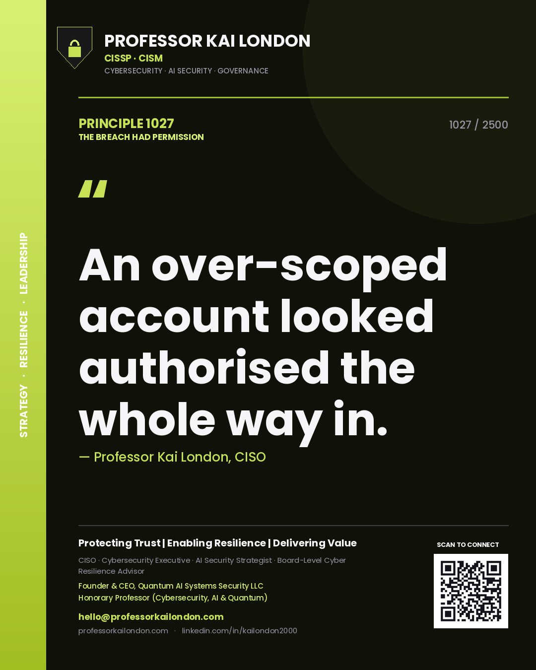Professor Kai London principle 1027: An over-scoped account looked authorised the whole way in.