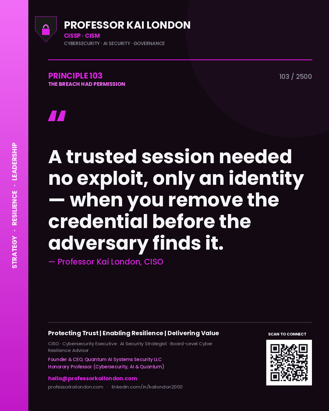 Quote card by Professor Kai London reading 'A trusted session needed no exploit, only an identity — when you remove the credential before the adversary finds it.'. From the book The Breach Had Permission.