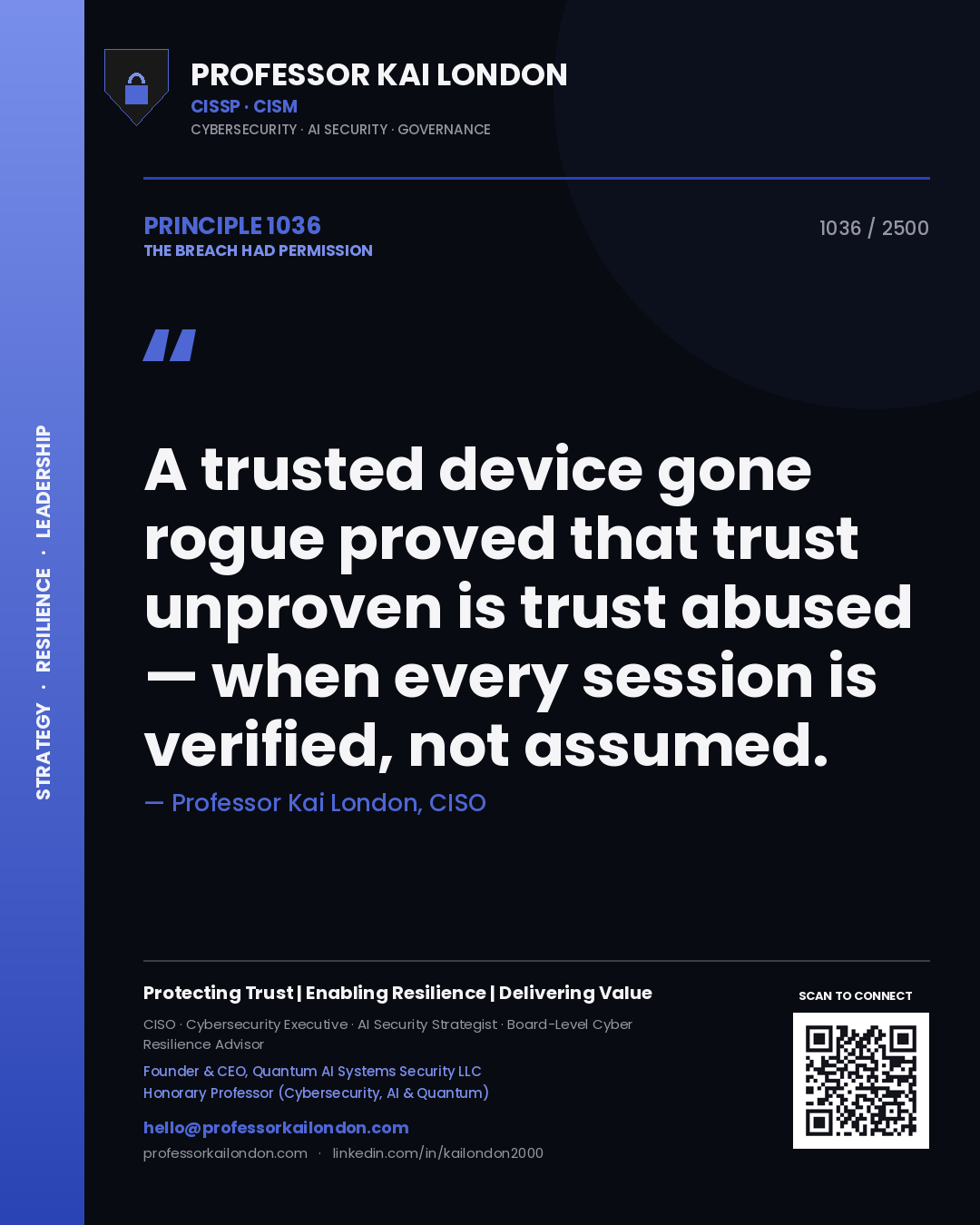 Quote card by Professor Kai London reading 'A trusted device gone rogue proved that trust unproven is trust abused — when every session is verified, not assumed.'. From the book The Breach Had Permission.