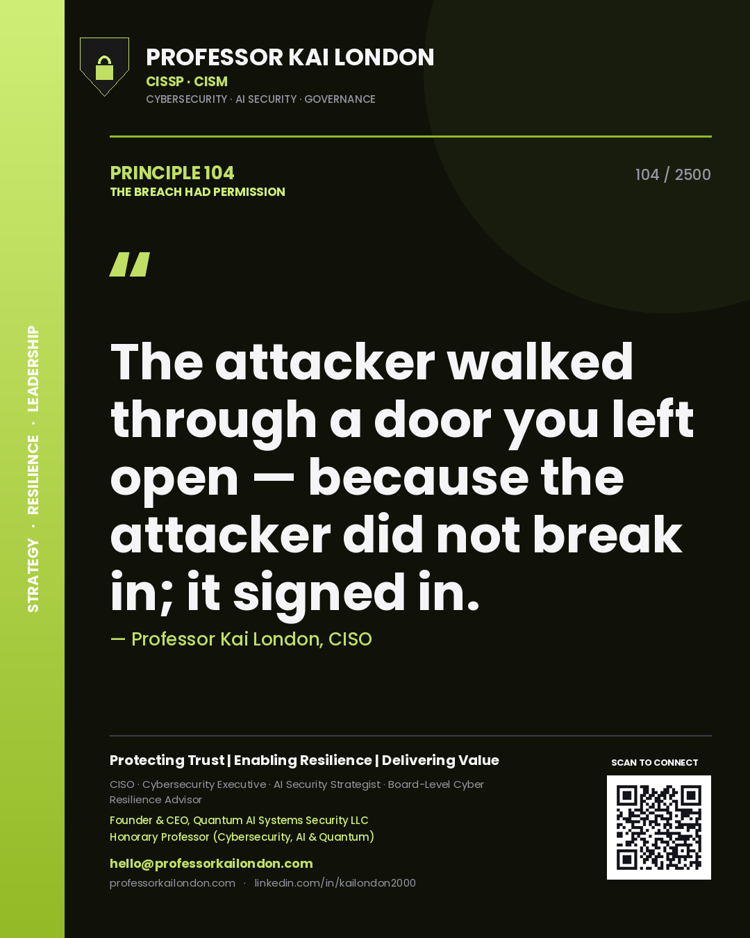Professor Kai London principle 104: The attacker walked through a door you left open — because the attacker did not break in; it signed in.
