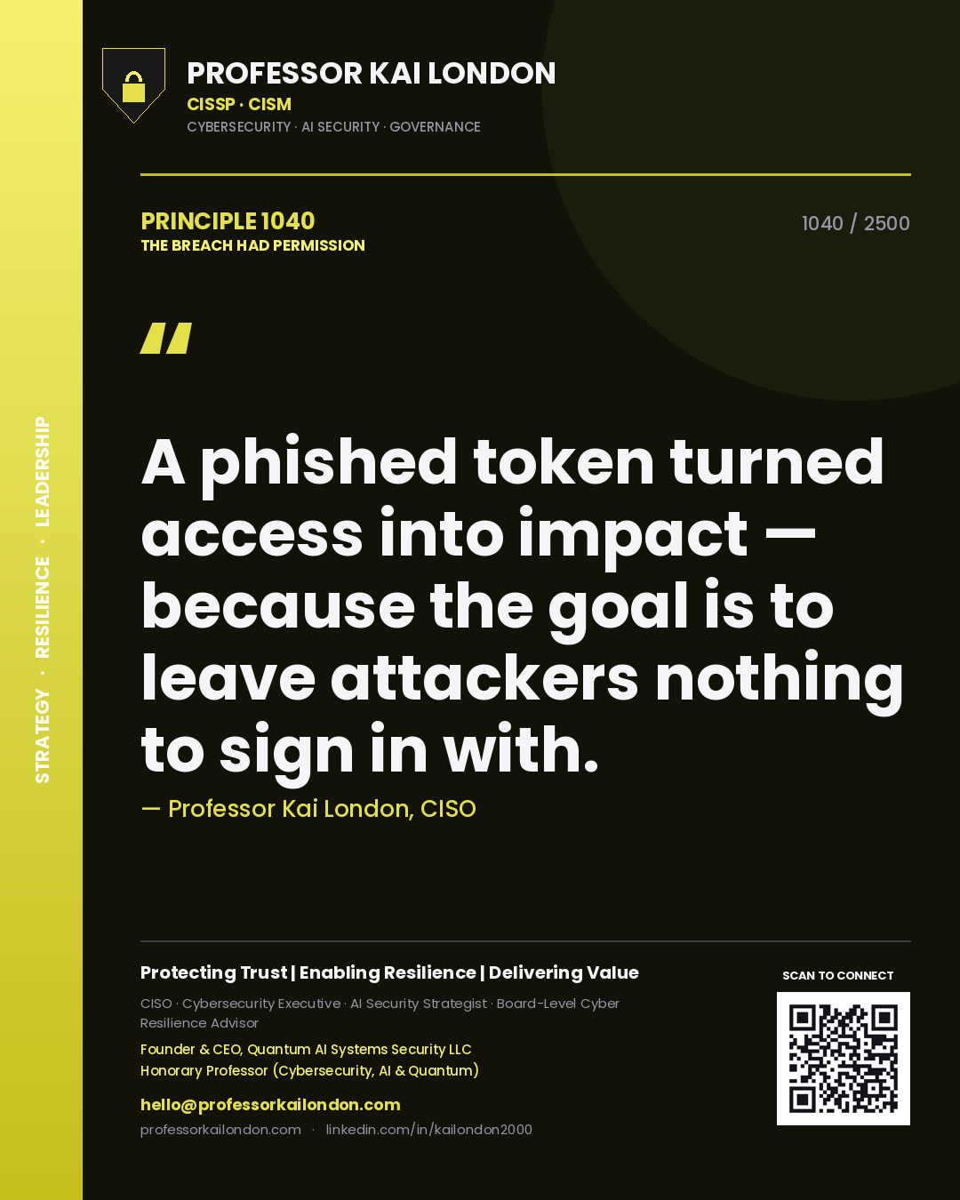Professor Kai London principle 1040: A phished token turned access into impact — because the goal is to leave attackers nothing to sign in with.