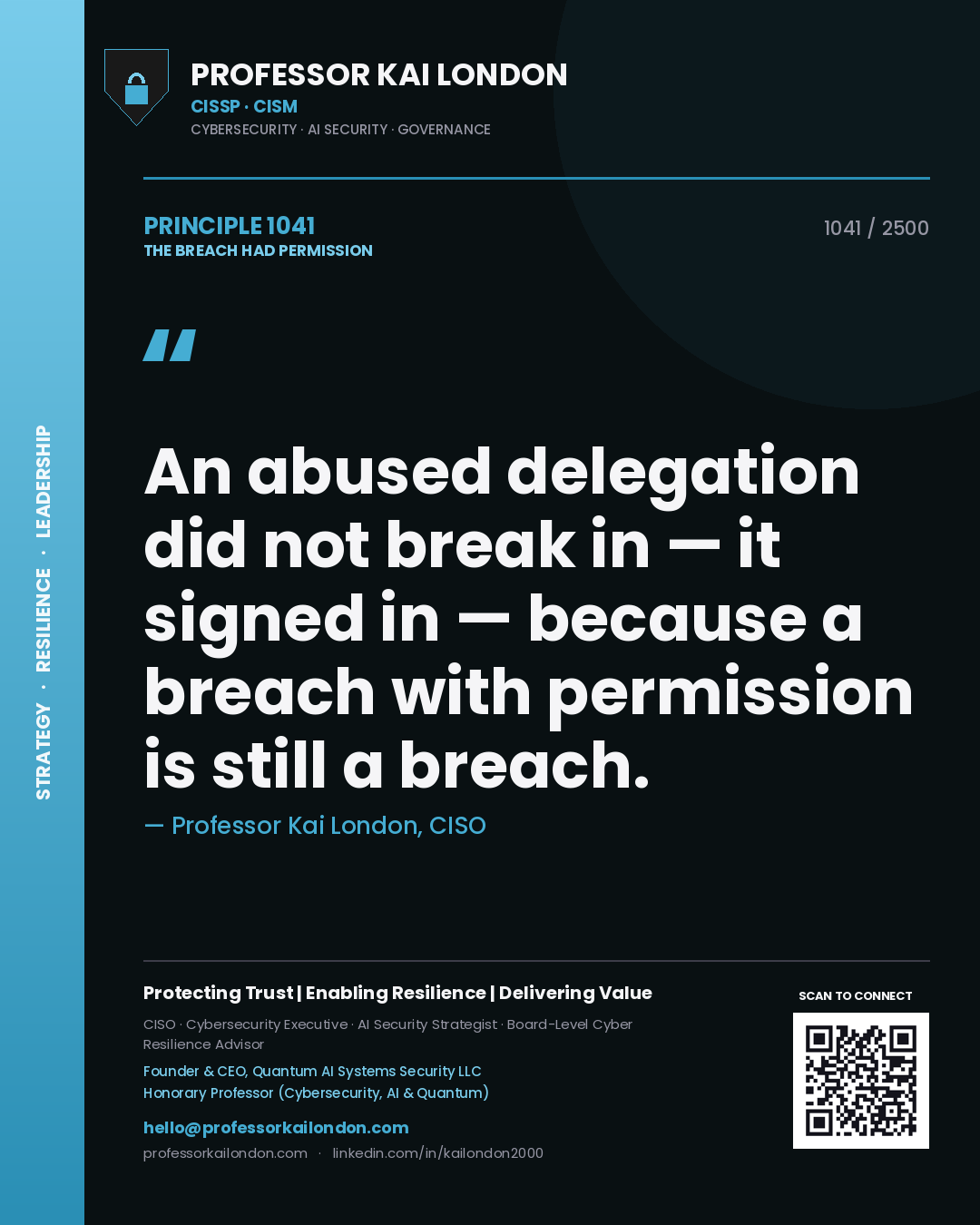 Quote card by Professor Kai London reading 'An abused delegation did not break in — it signed in — because a breach with permission is still a breach.'. From the book The Breach Had Permission.
