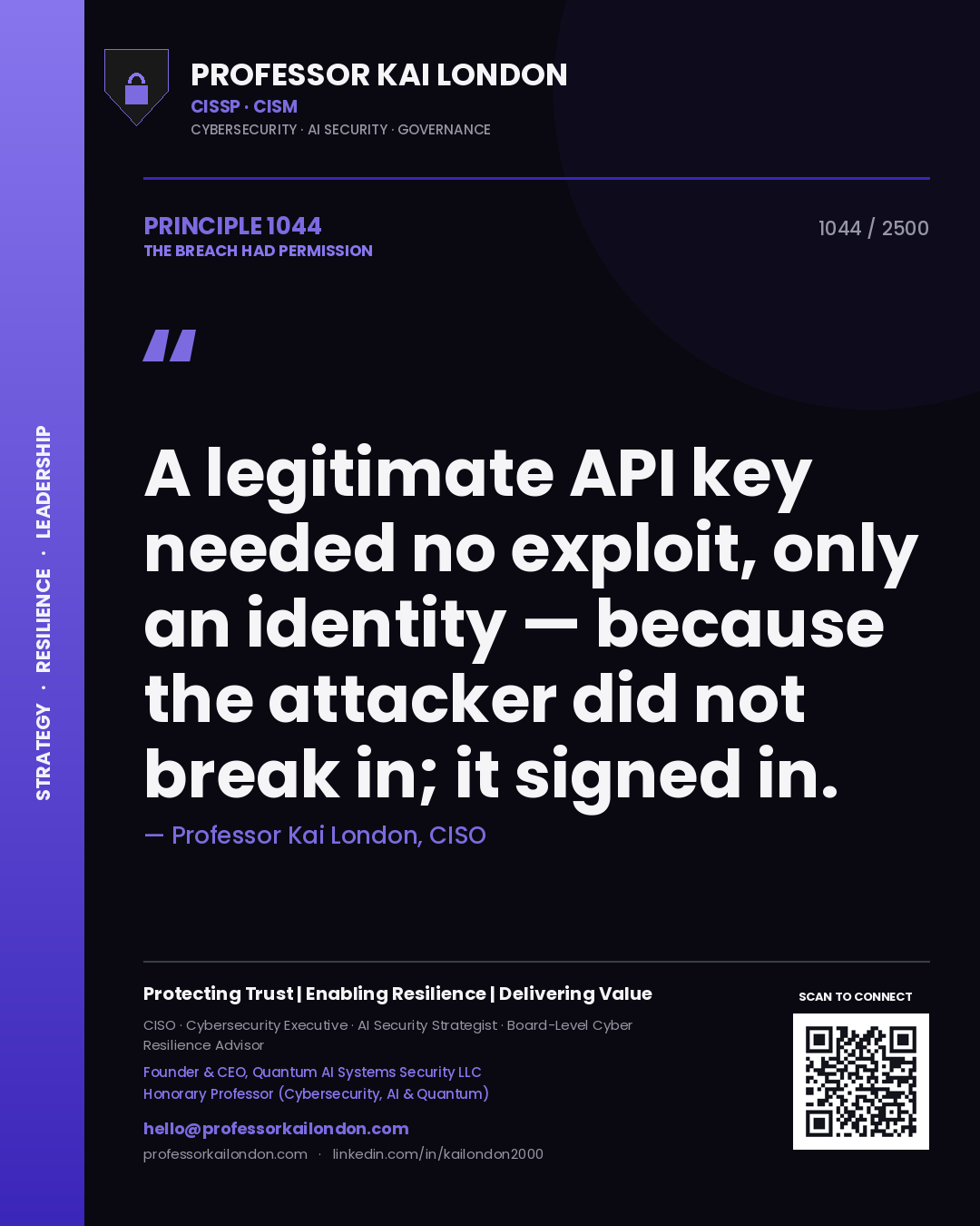 Quote card by Professor Kai London reading 'A legitimate API key needed no exploit, only an identity — because the attacker did not break in; it signed in.'. From the book The Breach Had Permission.