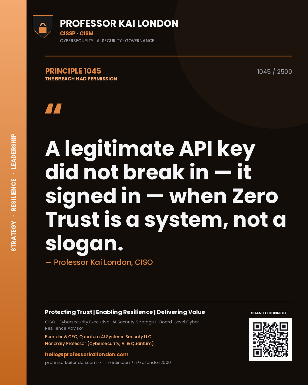 Quote card by Professor Kai London reading 'A legitimate API key did not break in — it signed in — when Zero Trust is a system, not a slogan.'. From the book The Breach Had Permission.