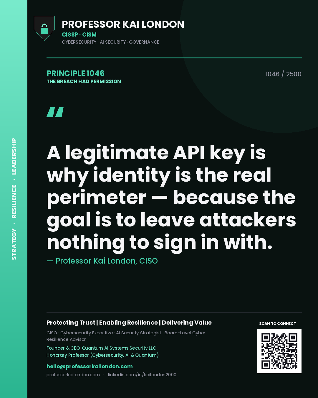 Quote card by Professor Kai London reading 'A legitimate API key is why identity is the real perimeter — because the goal is to leave attackers nothing to sign in with.'. From the book The Breach Had Permission.