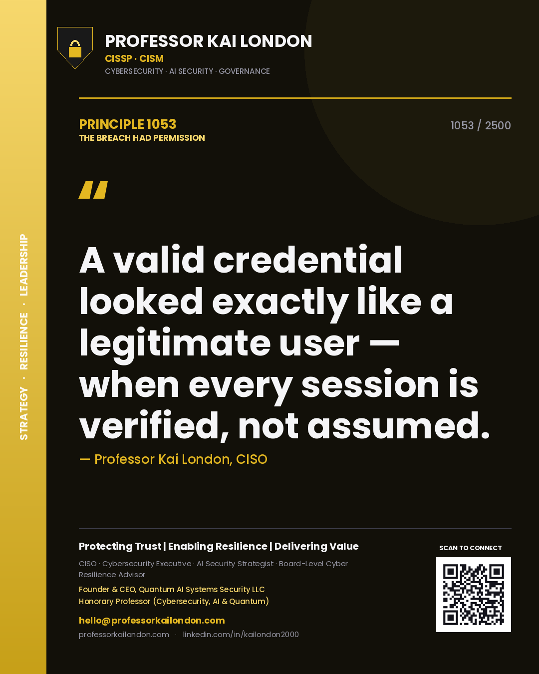 Quote card by Professor Kai London reading 'A valid credential looked exactly like a legitimate user — when every session is verified, not assumed.'. From the book The Breach Had Permission.