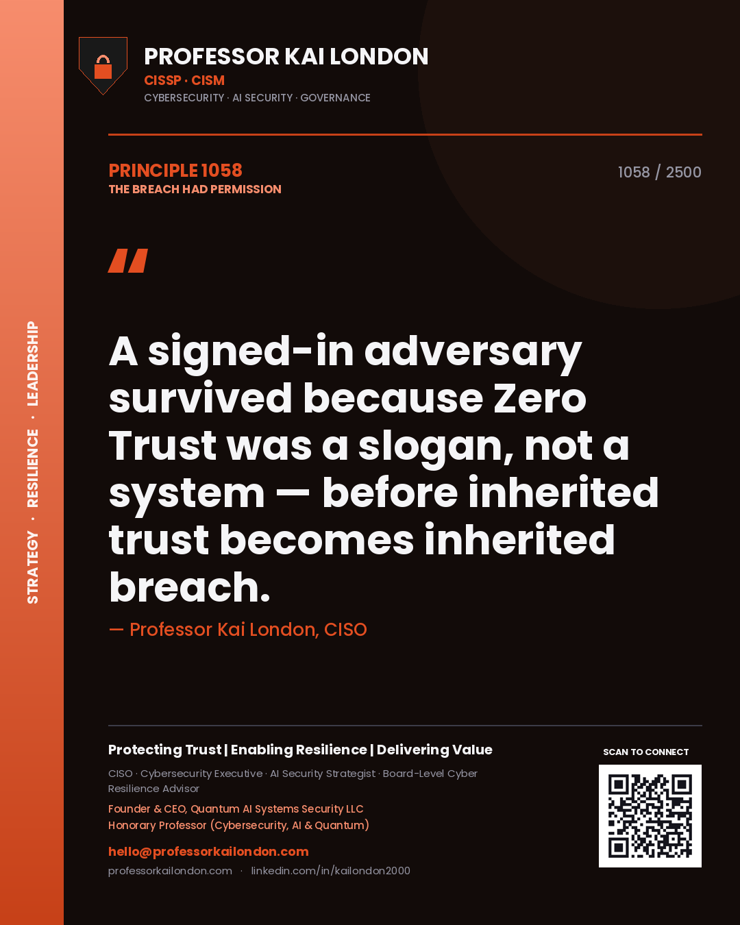 Quote card by Professor Kai London reading 'A signed-in adversary survived because Zero Trust was a slogan, not a system — before inherited trust becomes inherited breach.'. From the book The Breach Had Permission.