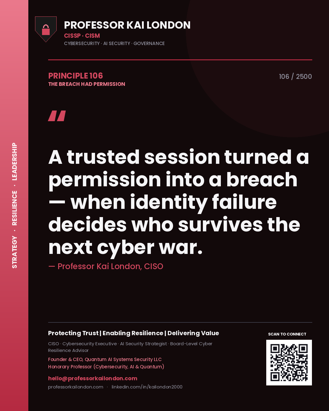 Professor Kai London principle 106: A trusted session turned a permission into a breach — when identity failure decides who survives the next cyber war.