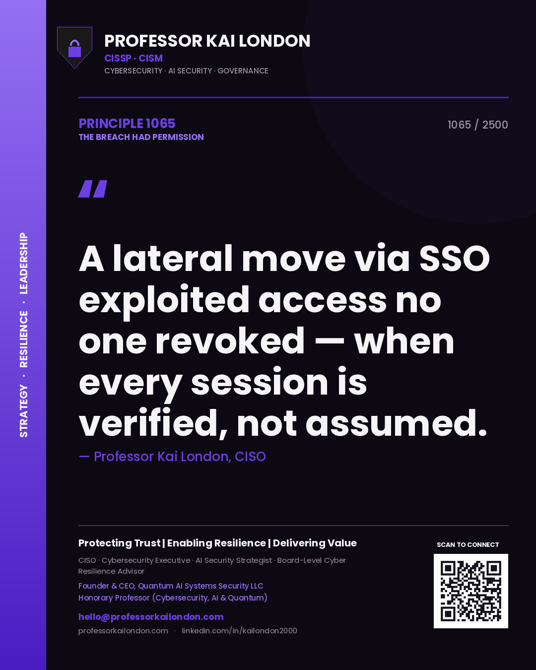 Professor Kai London principle 1065: A lateral move via SSO exploited access no one revoked — when every session is verified, not assumed.